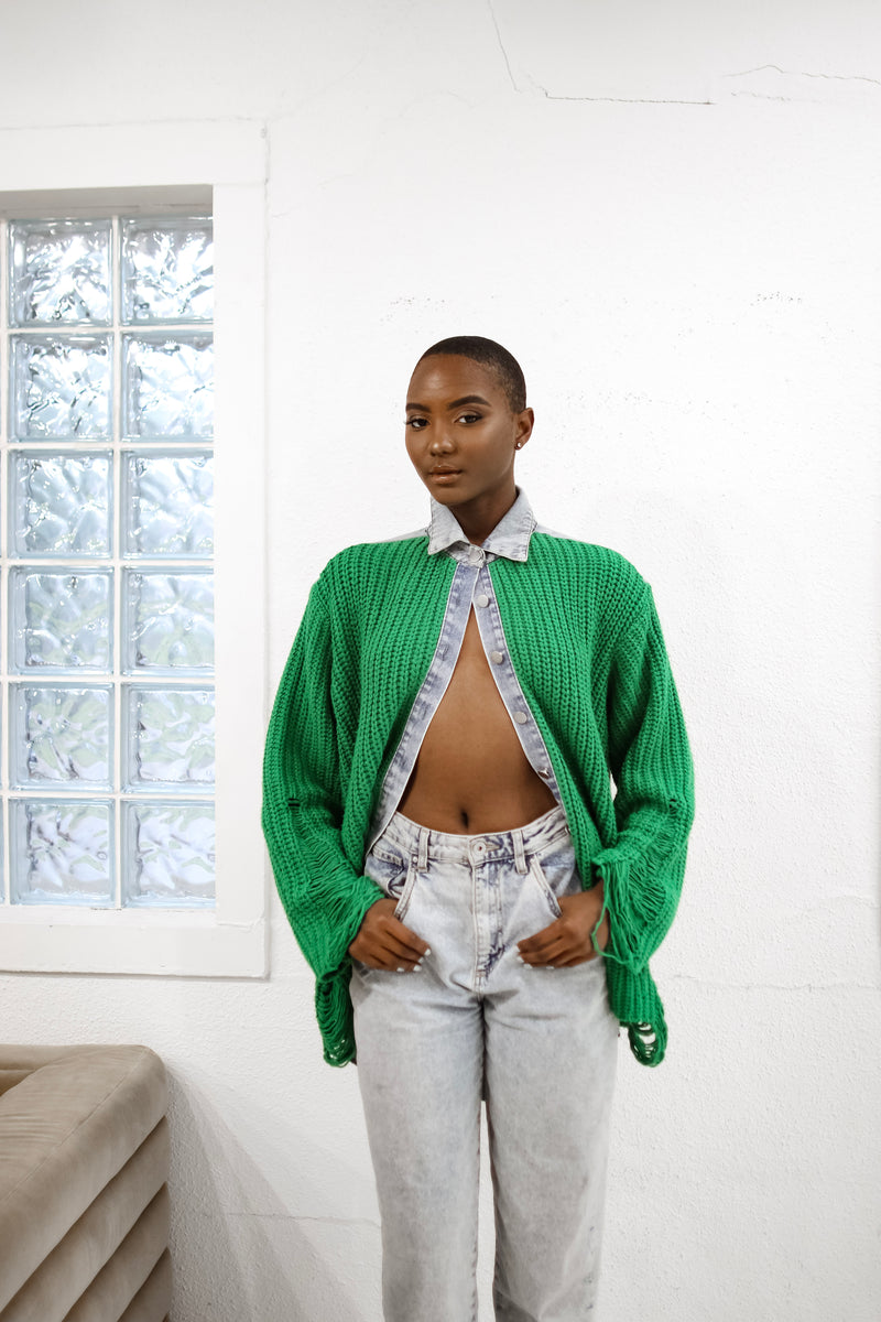 Off Topic Denim Knit Sweater- Green