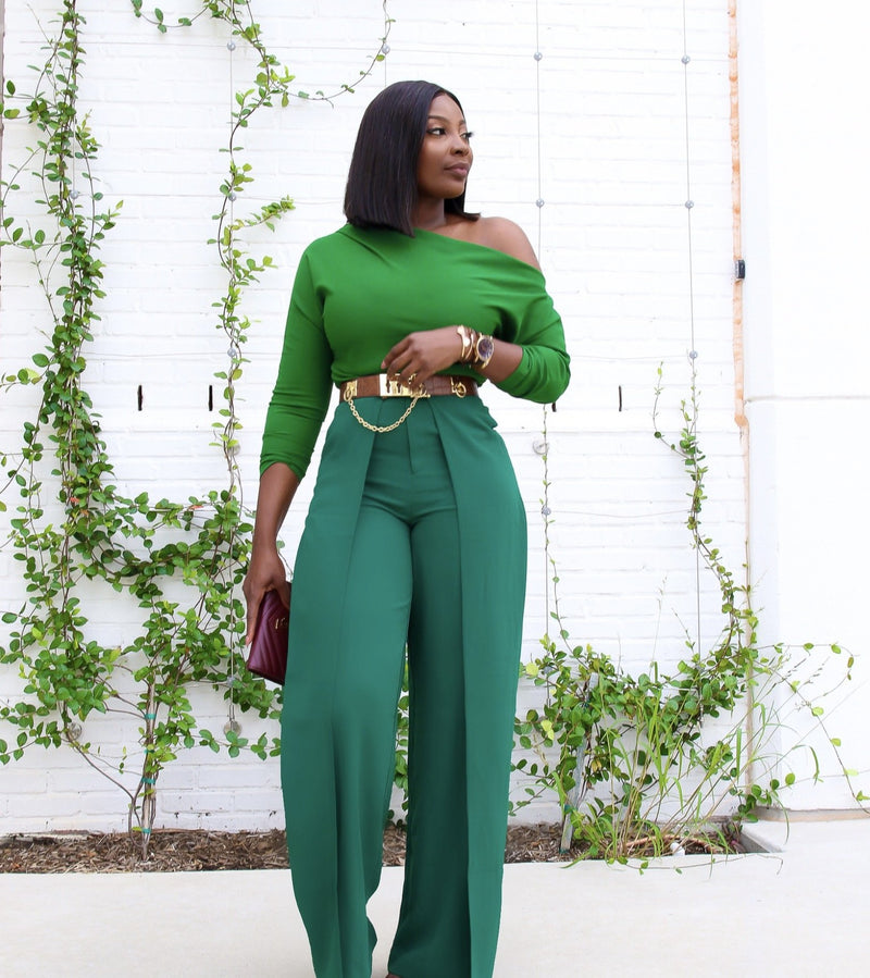 Phoebe High Waist Wrap Front Wide Leg Pants Dark Green