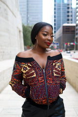 Kuso Off Shoulder Bomber Ankara Jacket with Pockets Brown Multi | Tops | Flair By Ashi