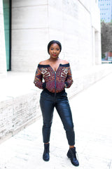 Kuso Off Shoulder Bomber Ankara Jacket with Pockets Brown Multi | Tops | Flair By Ashi