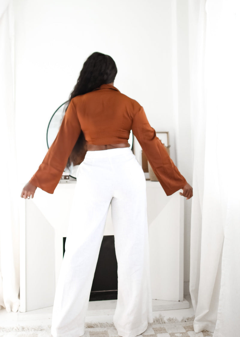 Phoebe High Waist Wrap Front Wide Leg Pants Linen White