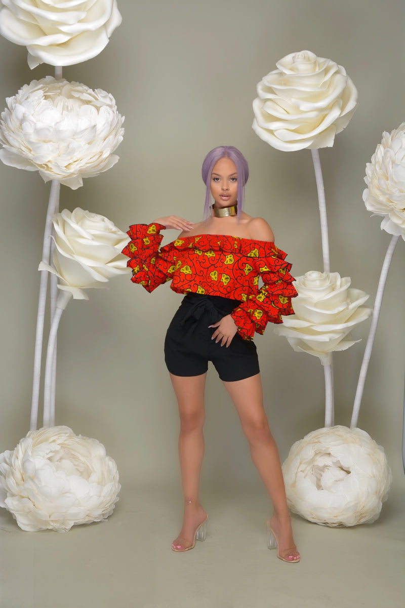 Teni Off Shoulder Ankara Print Crop top with ruffled sleeves- Red/Yellow | Tops | Flair By Ashi