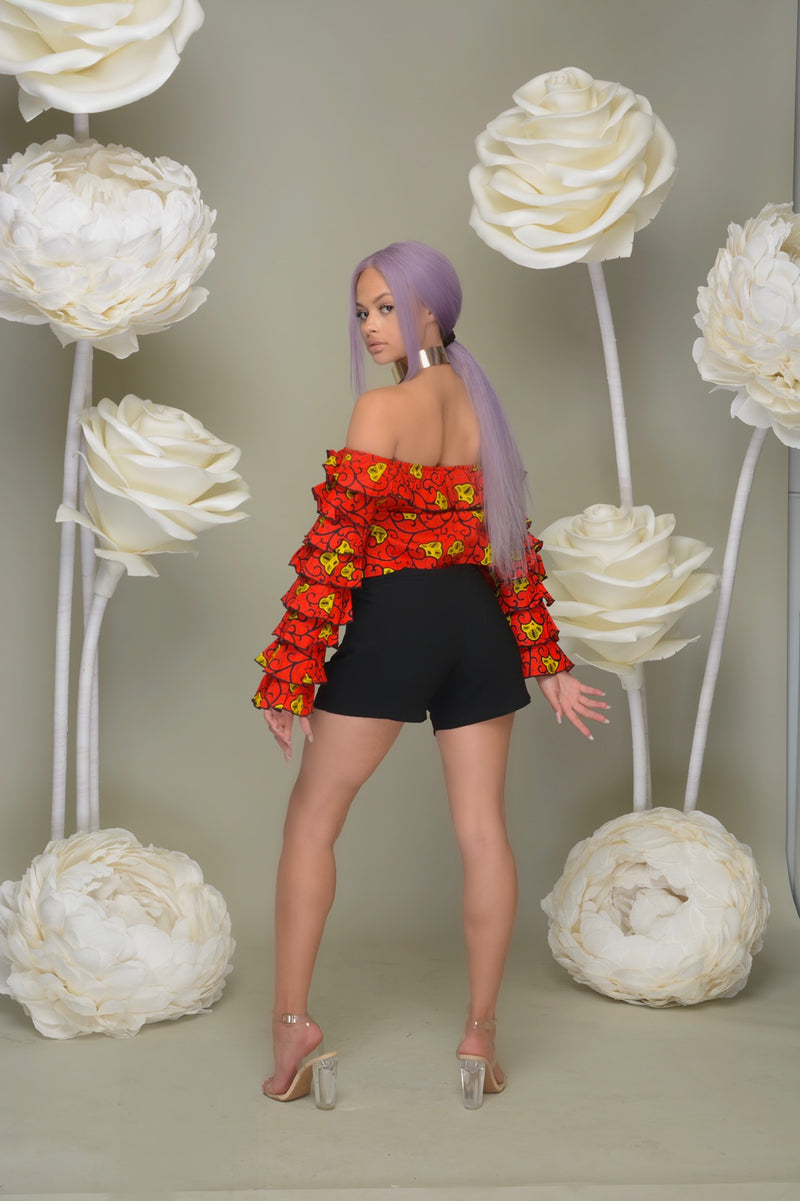 Teni Off Shoulder Ankara Print Crop top with ruffled sleeves- Red/Yellow | Tops | Flair By Ashi