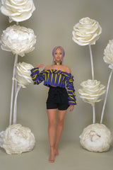Teni Off Shoulder Ankara Print Crop top with ruffled sleeves- Purple/Yellow | Tops | Flair By Ashi