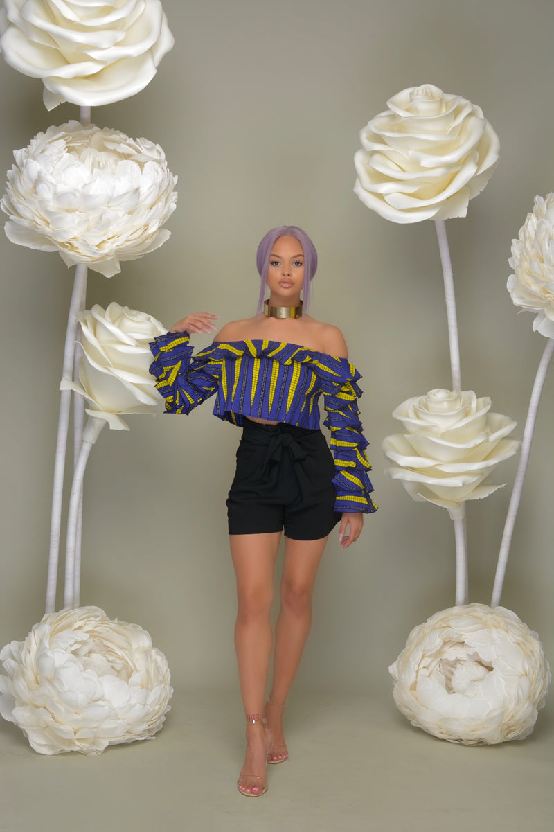 Teni Off Shoulder Ankara Print Crop top with ruffled sleeves- Purple/Yellow | Tops | Flair By Ashi