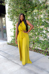 Phoebe High Waist Wrap Front Wide Leg Pants Chartreuse