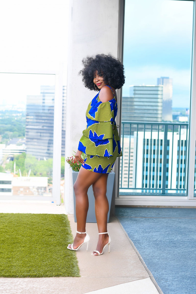 Yetunde Blue/Green Romper with Frills | Jumpsuits | Flair By Ashi
