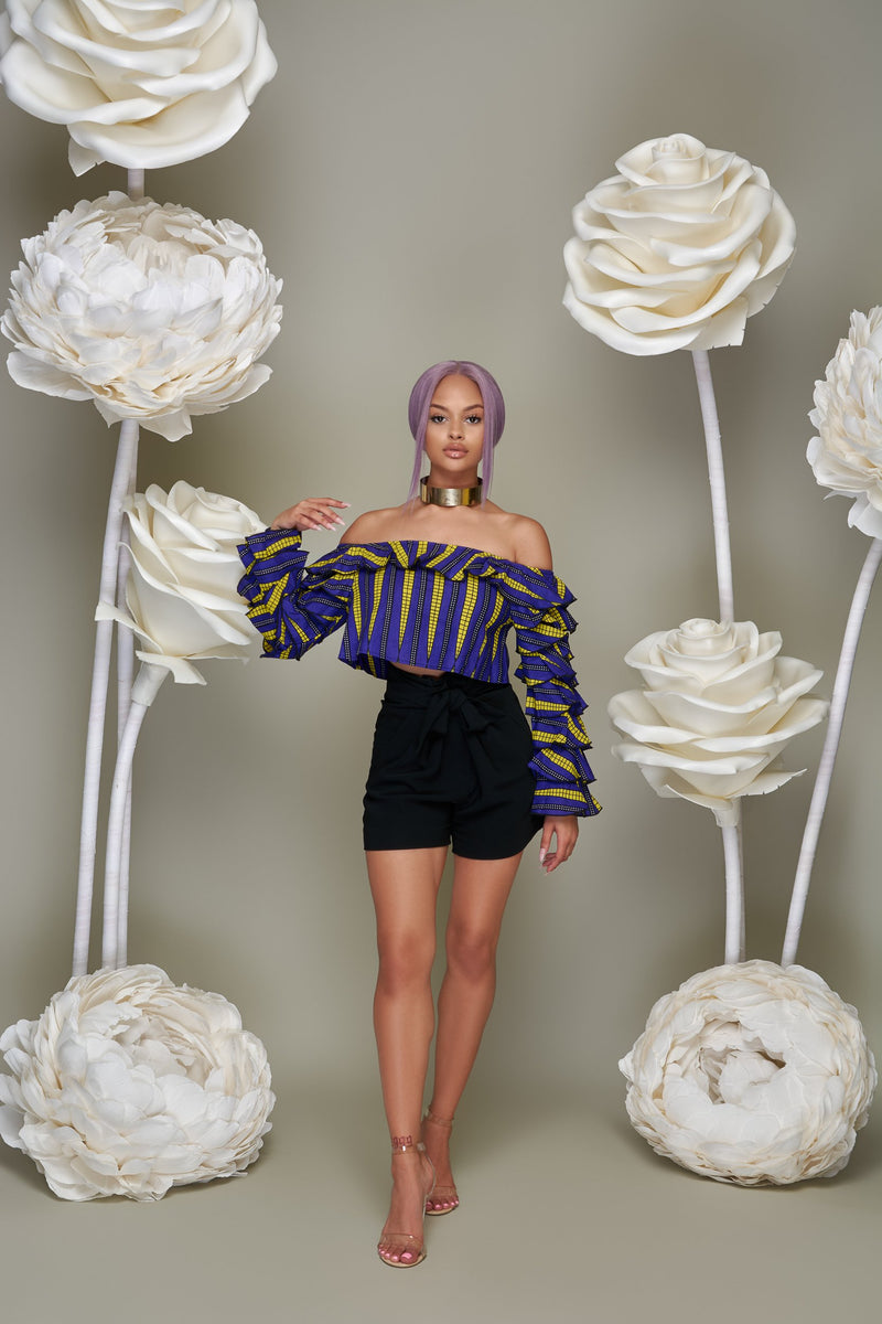 Teni Off Shoulder Ankara Print Crop top with ruffled sleeves- Purple/Yellow | Tops | Flair By Ashi