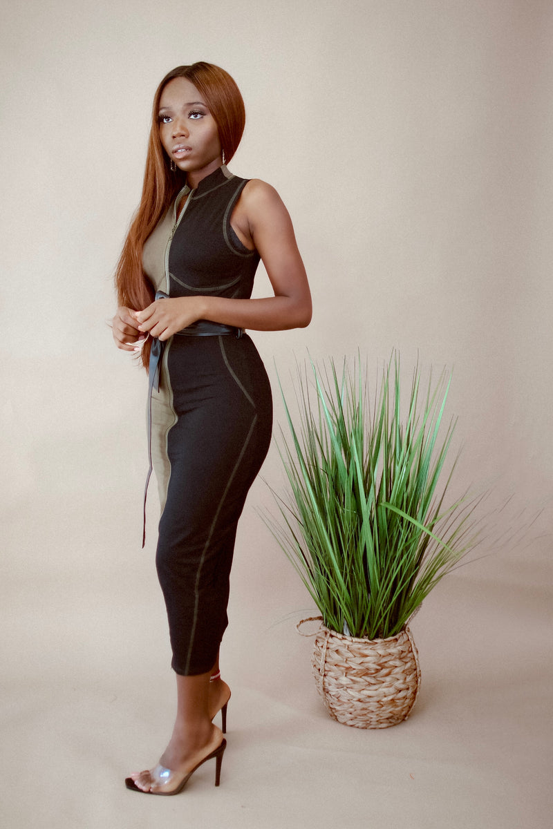 Find your way Sleeveless Midi Dress - Olive Black