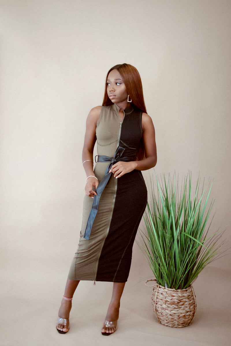 Find your way Sleeveless Midi Dress - Olive Black