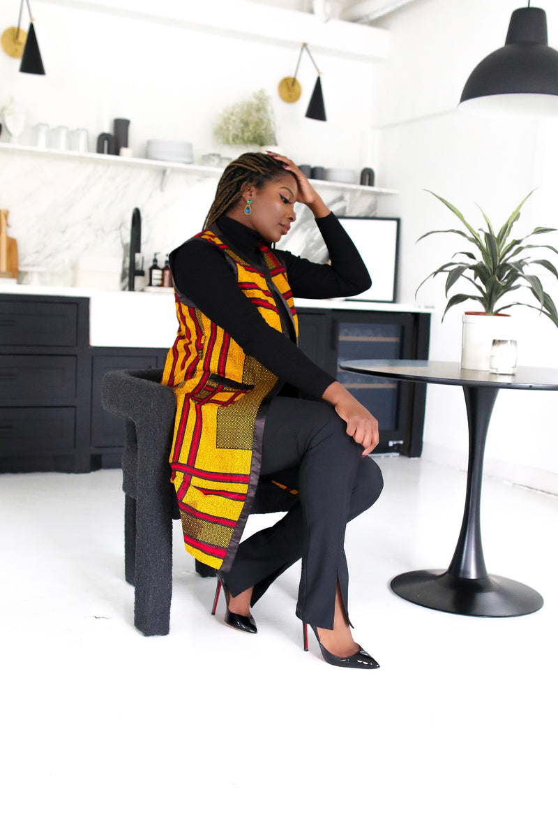 Halimah Collared Long Vest Yellow/ Red