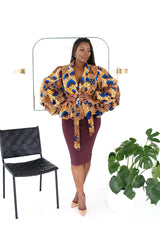 Jumoke Peplum Jacket with Belt and Lining Blue Multi