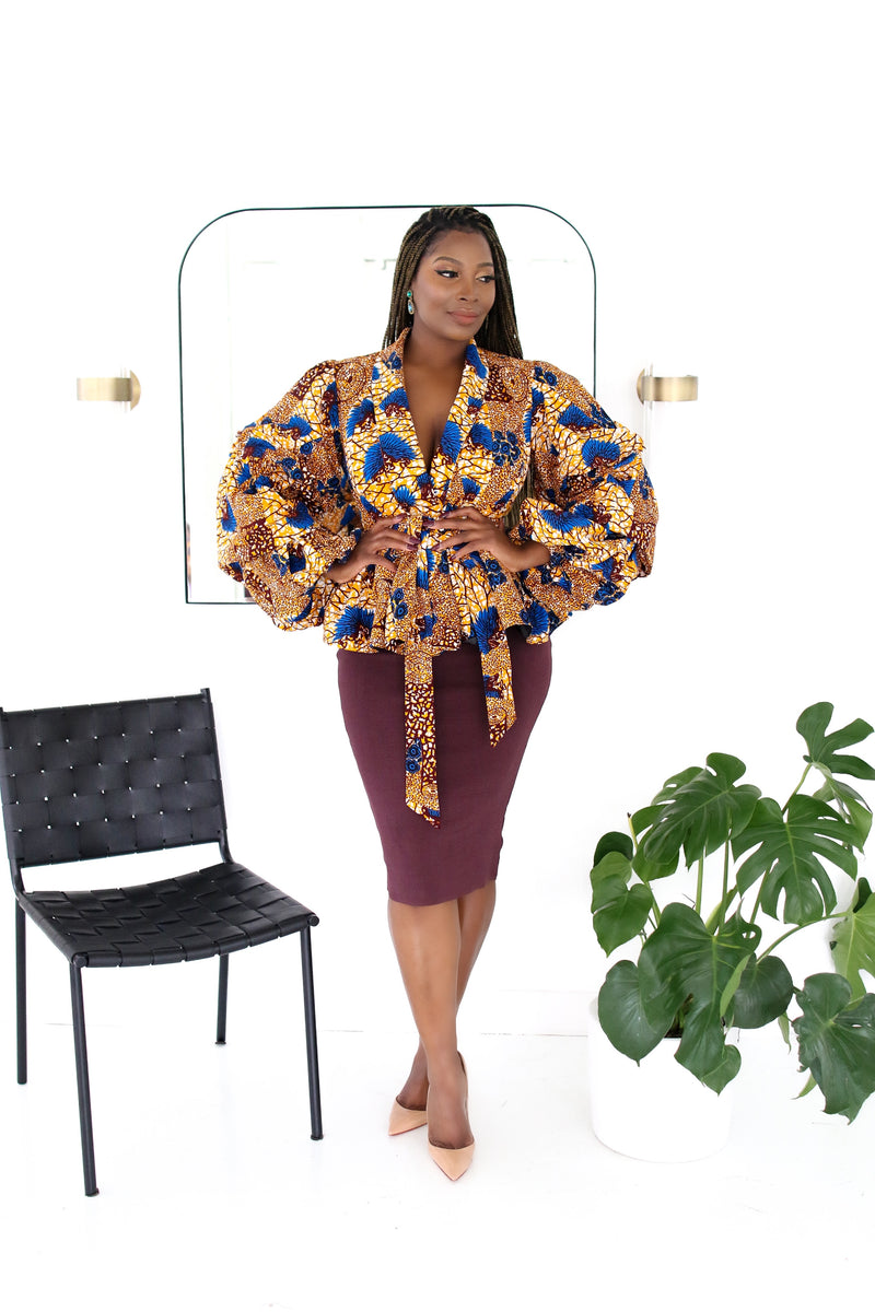 Jumoke Peplum Jacket with Belt and Lining Blue Multi