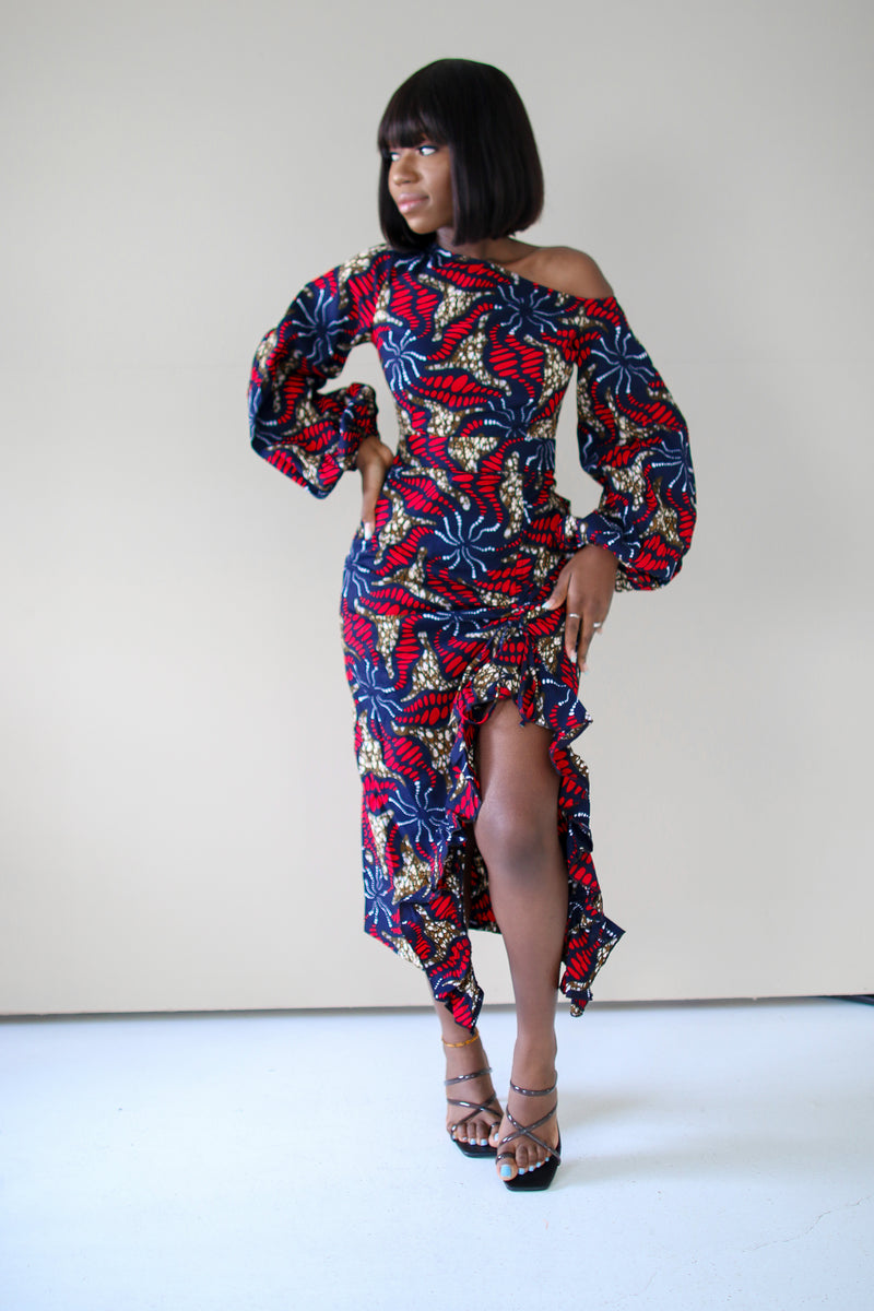 Simi Off Shoulder Midi Dress- Black Multi
