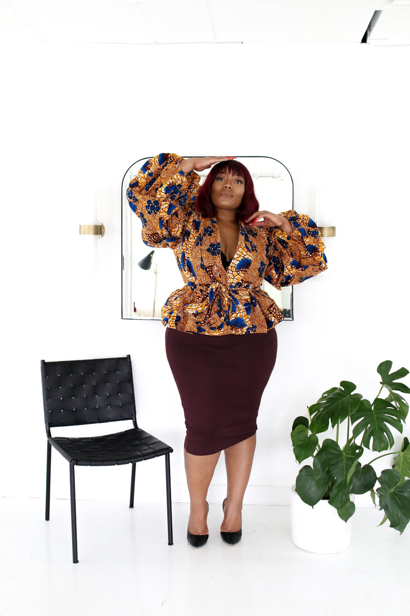 Jumoke Peplum Jacket with Belt and Lining Blue Multi