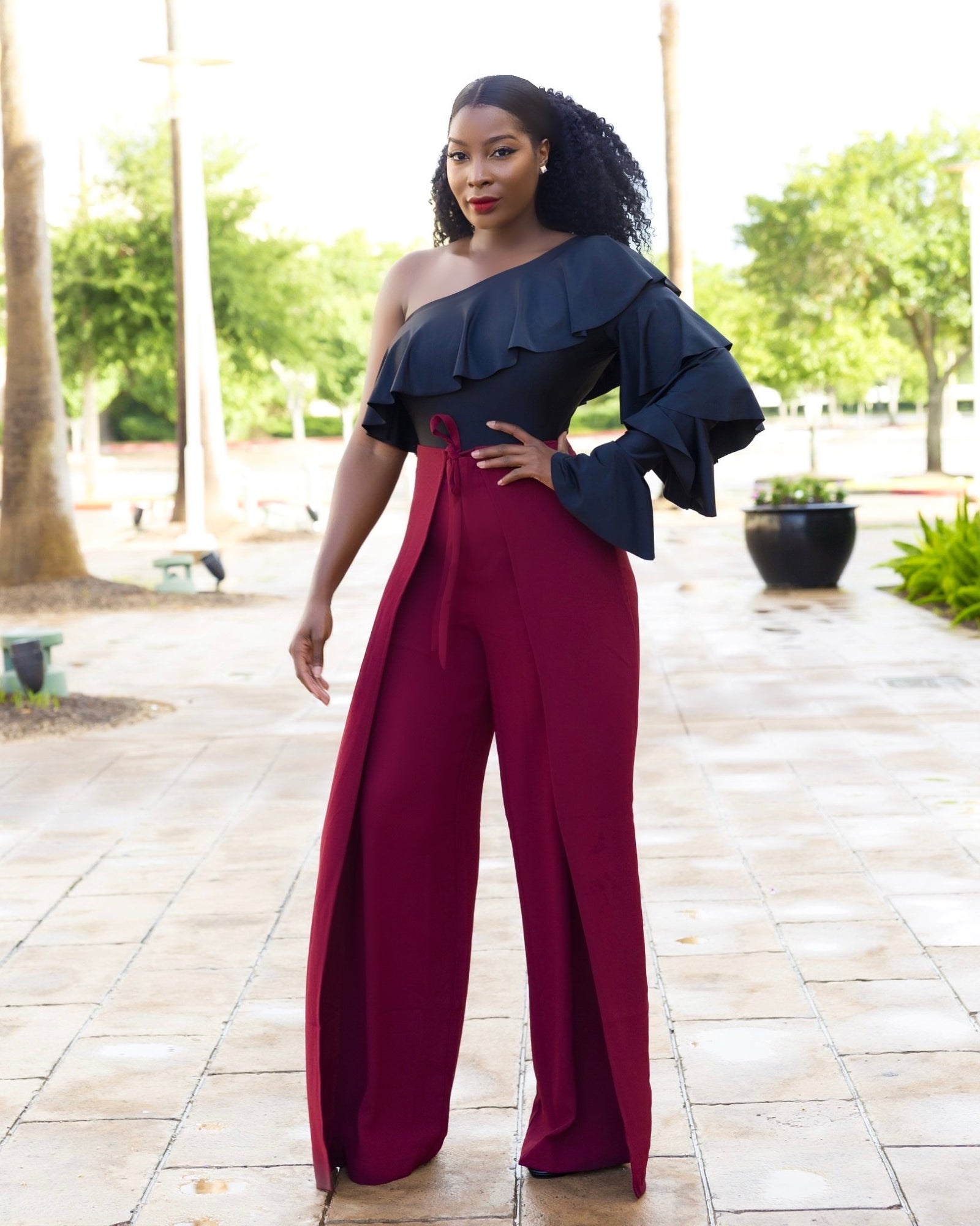 Phoebe High Waist Wrap Front Wide Leg Pants Burgundy – Flair By Ashi