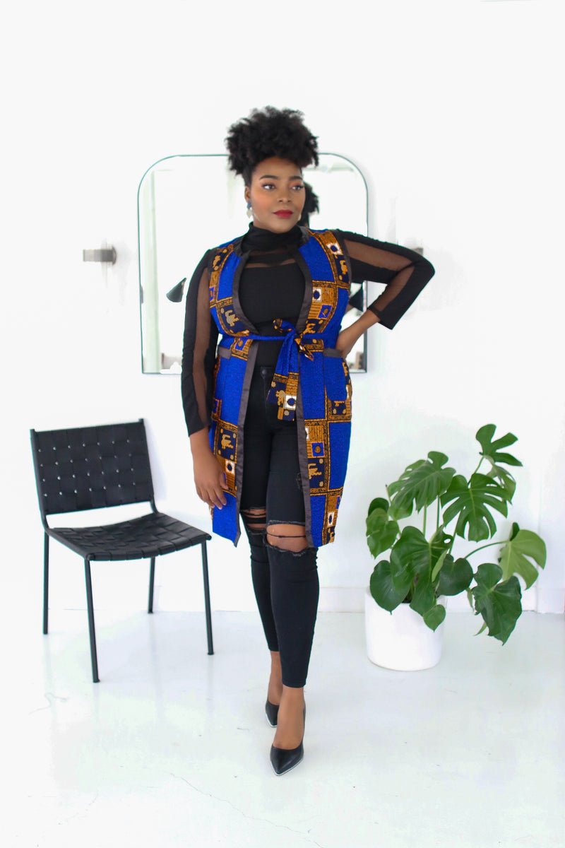 Halimah Collared Long Vest Blue Multi