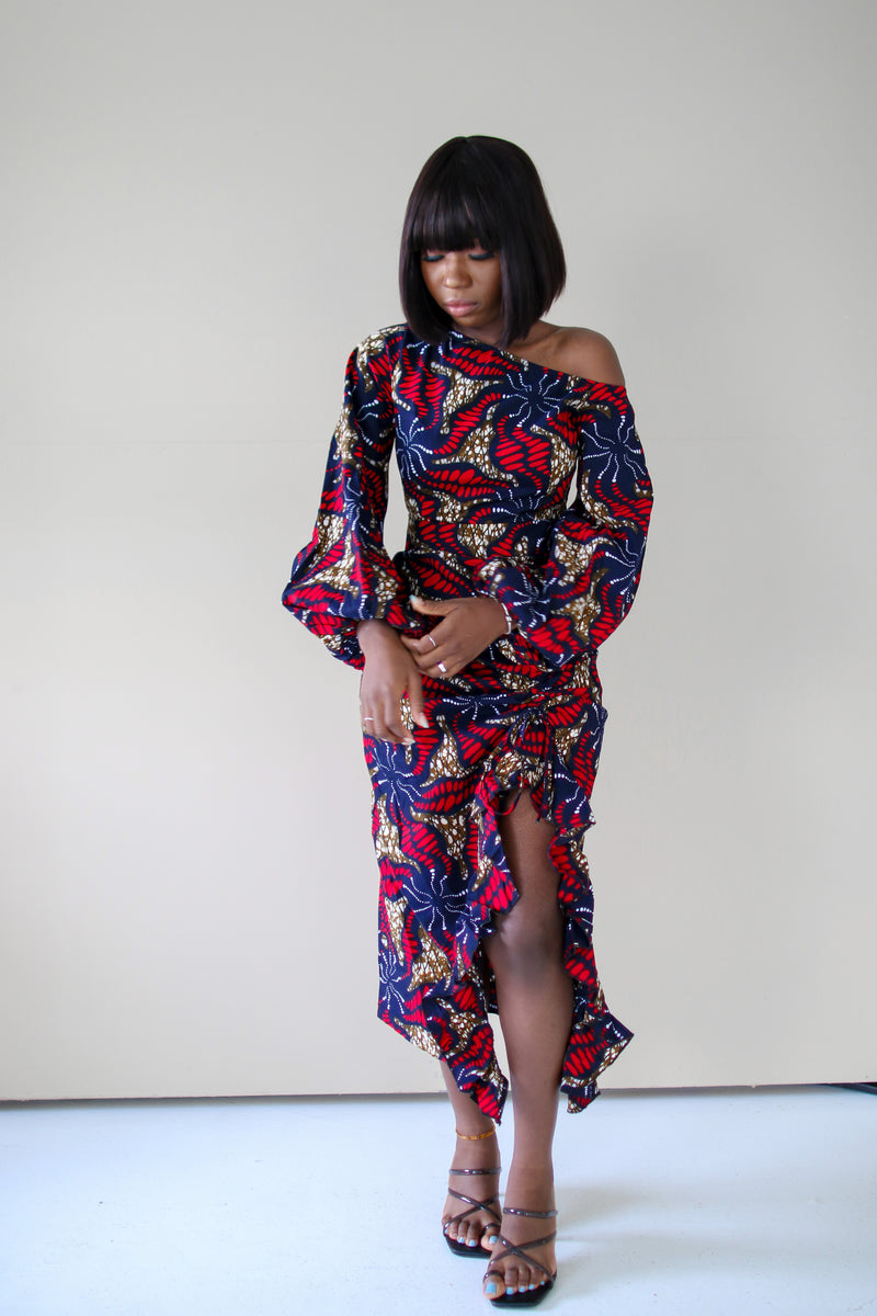 Simi Off Shoulder Midi Dress- Black Multi