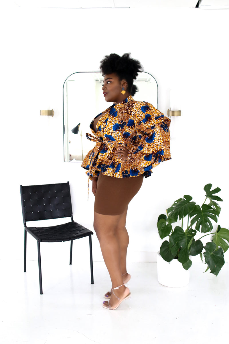 Jumoke Peplum Jacket with Belt and Lining Blue Multi