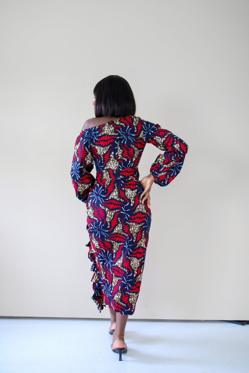 Simi Off Shoulder Midi Dress- Black Multi