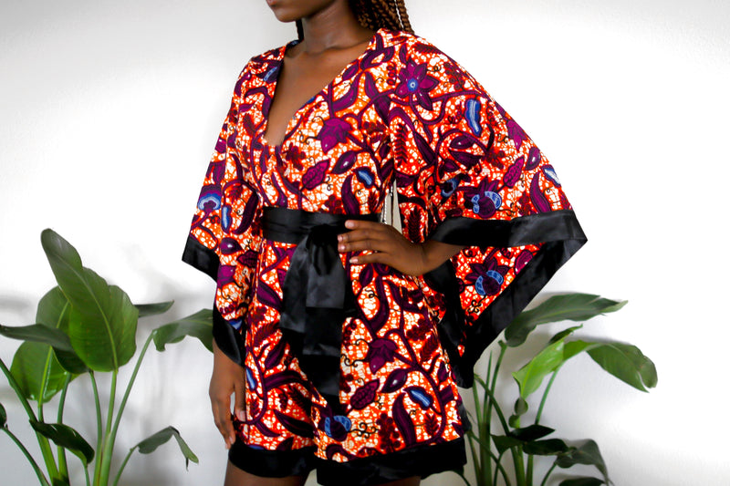 Ijeoma African Print Romper with Kimono Sleeves -Orange/ Berry multi