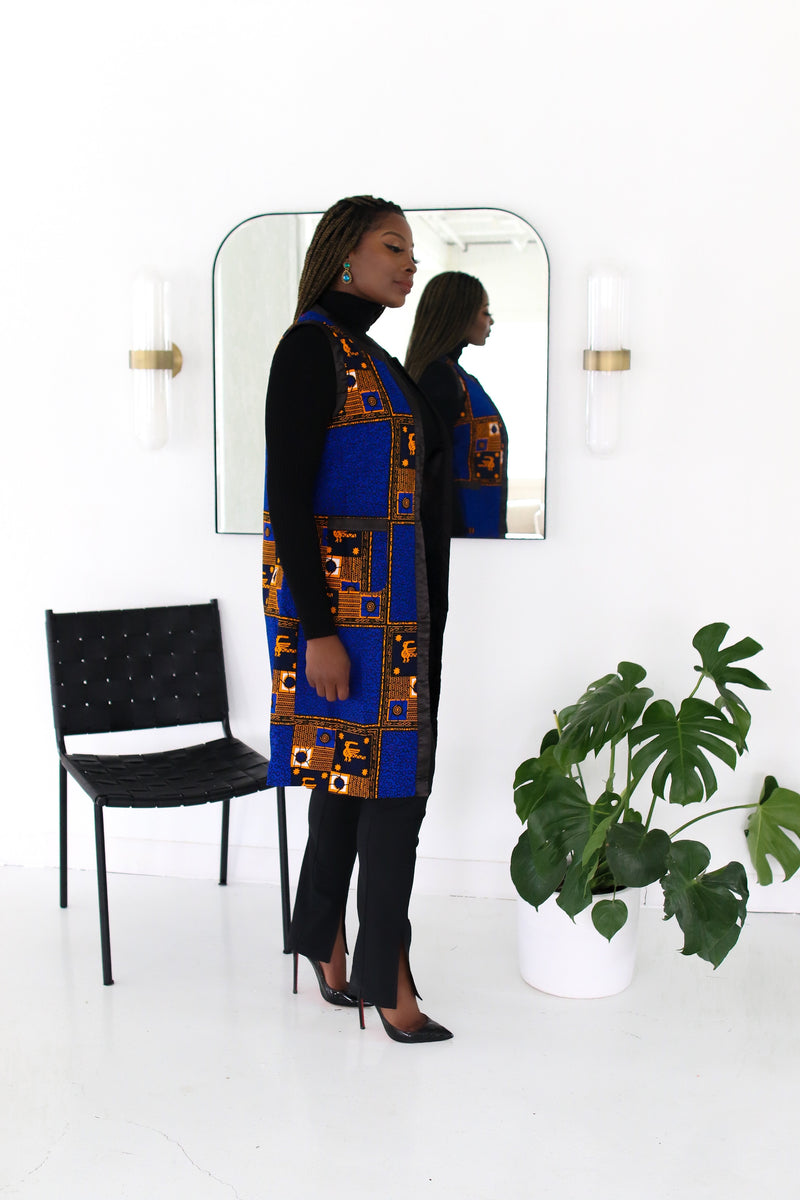 Halimah Collared Long Vest Blue Multi