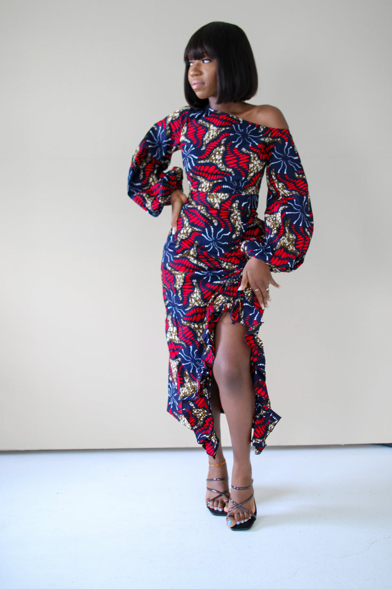 Simi Off Shoulder Midi Dress- Black Multi