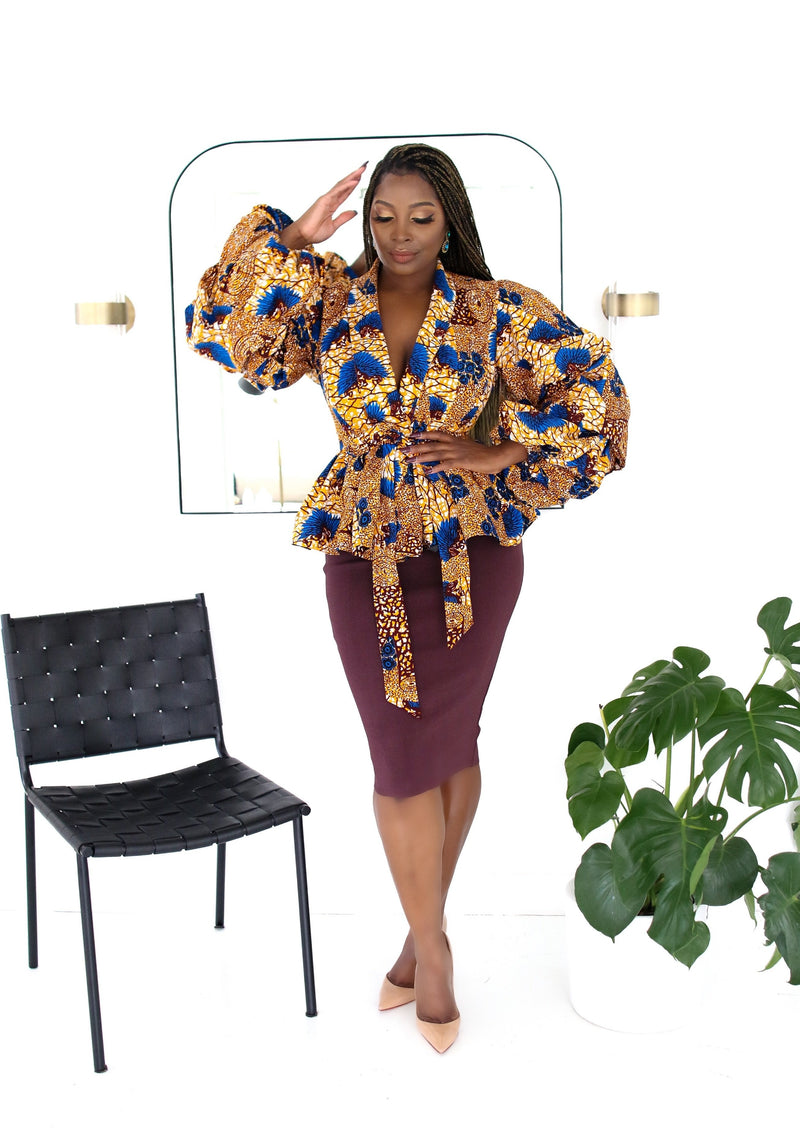 Jumoke Peplum Jacket with Belt and Lining Blue Multi